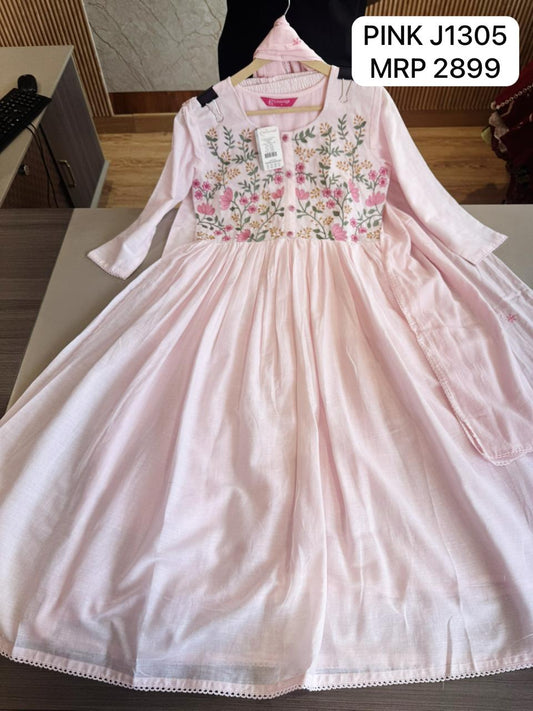 Pastel Pink Floral Embroidered Anarkali Kurta Set for Women with Dupatta | Elegant Ethnic Wear