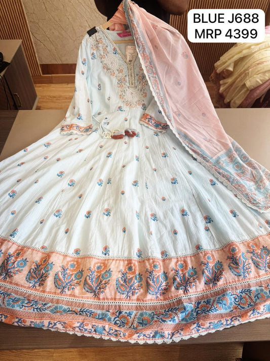 Pastel Blue Floral Embroidered Anarkali Dress with Pink Dupatta – Women’s Semi-Formal Ethnic Wear