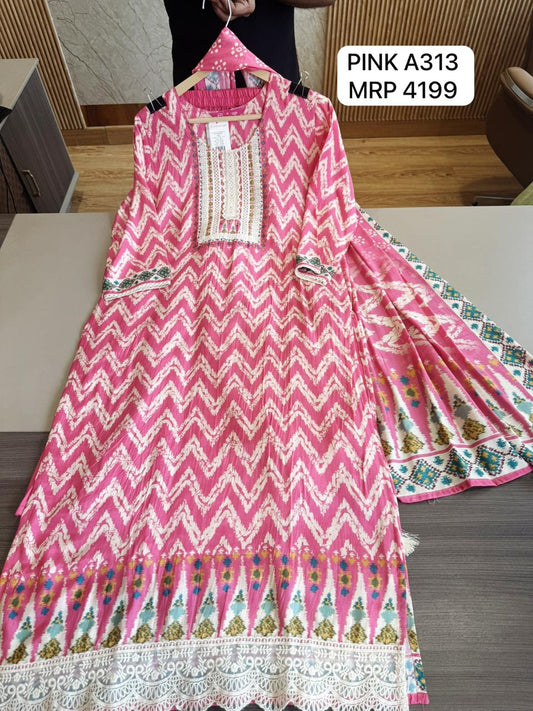Pink Printed A-Line Kurti with Embroidered Yoke & Matching Dupatta – Ethnic Wear for Women