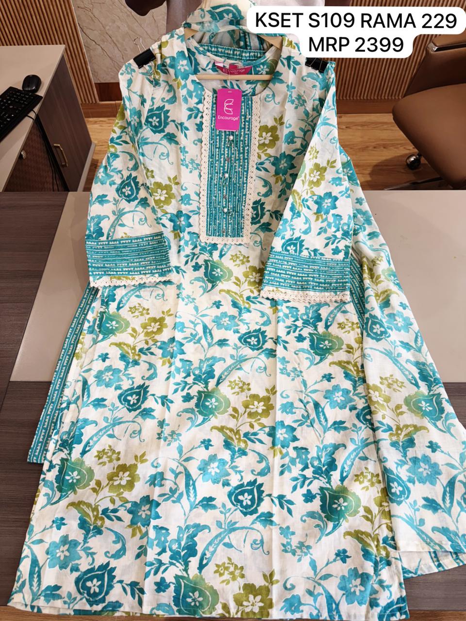 Off-White Floral A-Line Kurti with Teal & Olive Print – Women's Ethnic Wear
