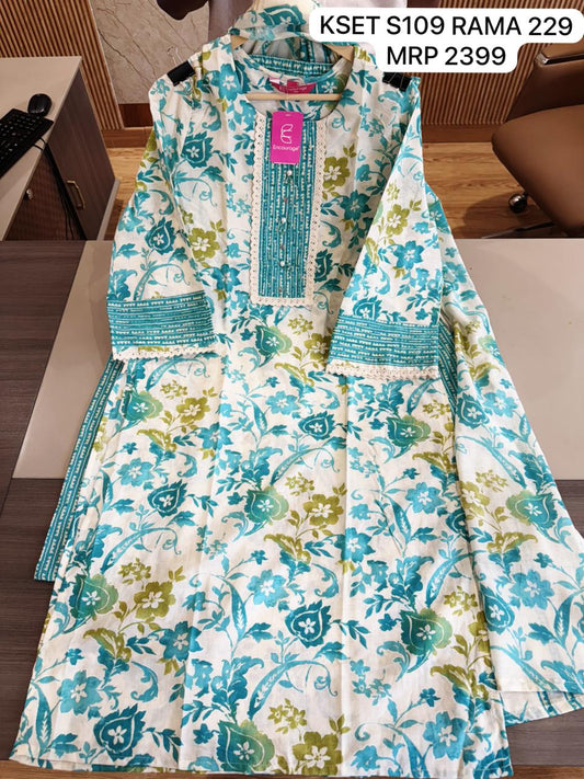 Off-White Floral A-Line Kurti with Teal & Olive Print – Women's Ethnic Wear