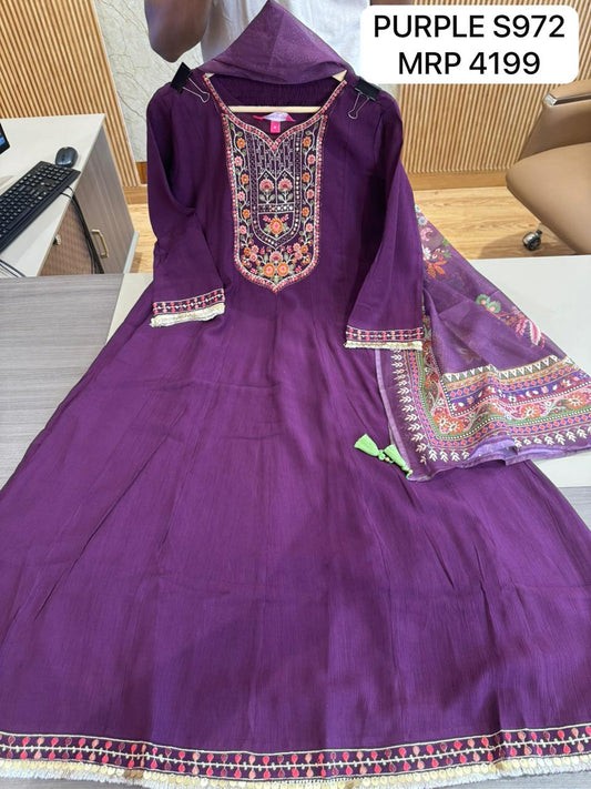 Purple Embroidered Anarkali Kurta Set with Dupatta for Women | Festive Ethnic Wear