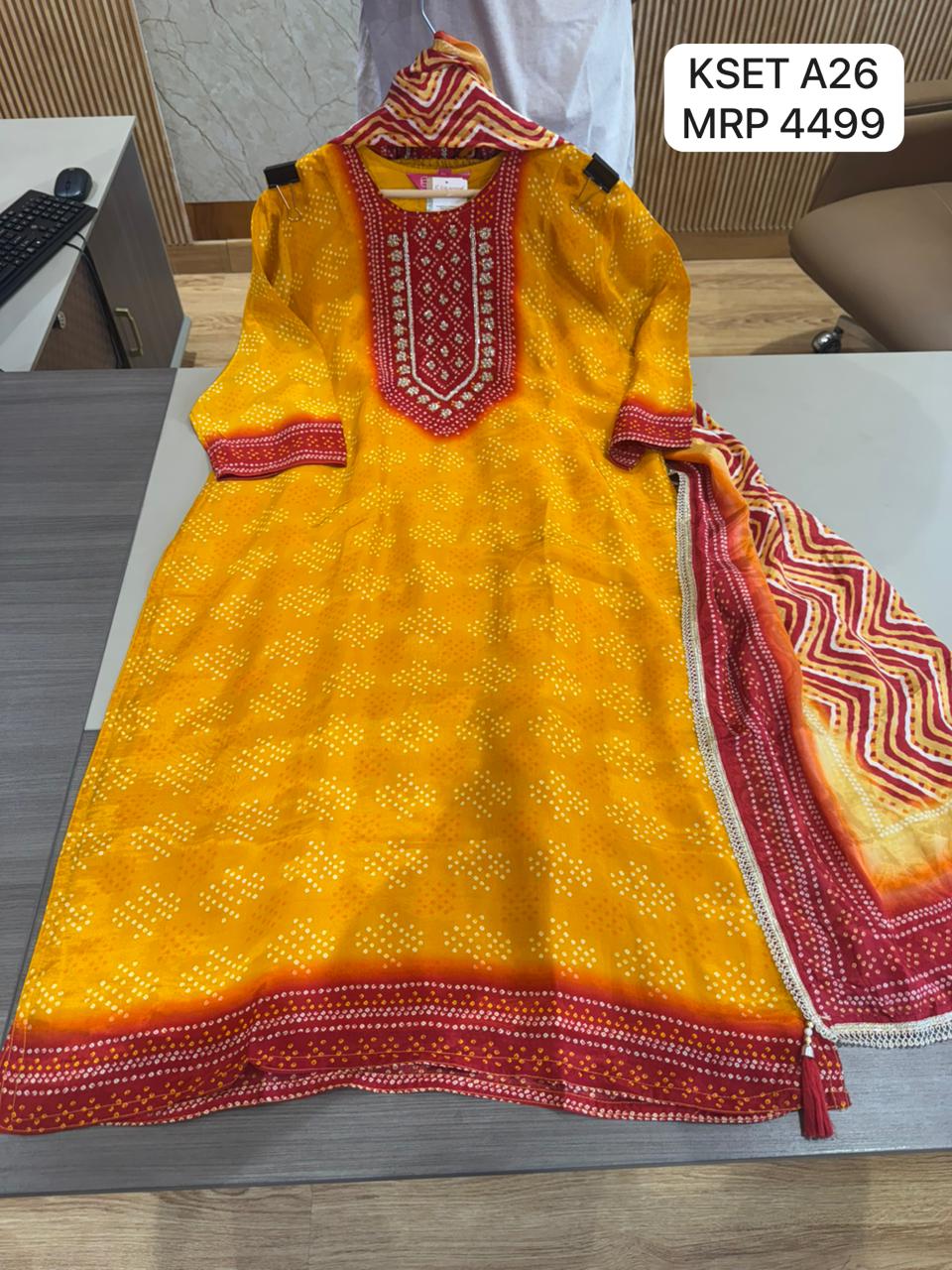 Mustard Yellow Printed Kurta Set with Embroidered Neck & Dupatta for Women | Festive Ethnic Wear