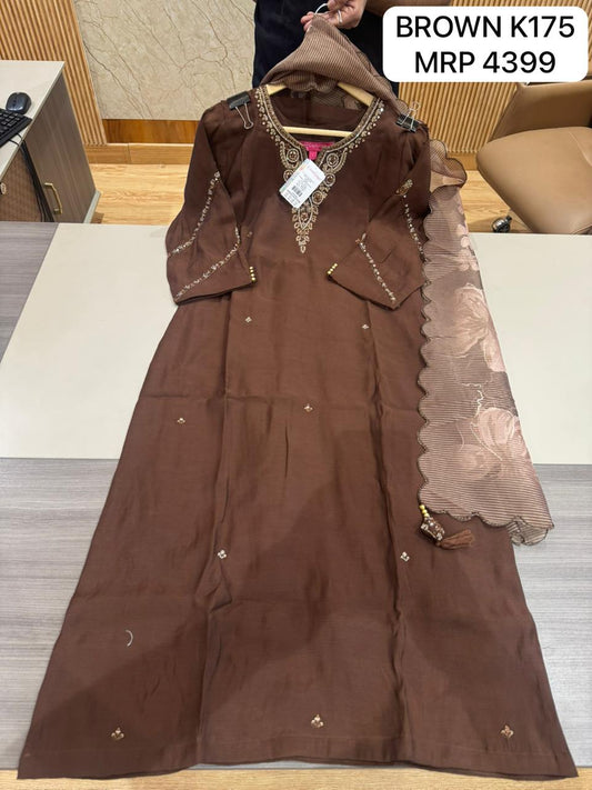 Brown Embroidered Kurta Set with Designer Dupatta for Women | Elegant Ethnic Wear