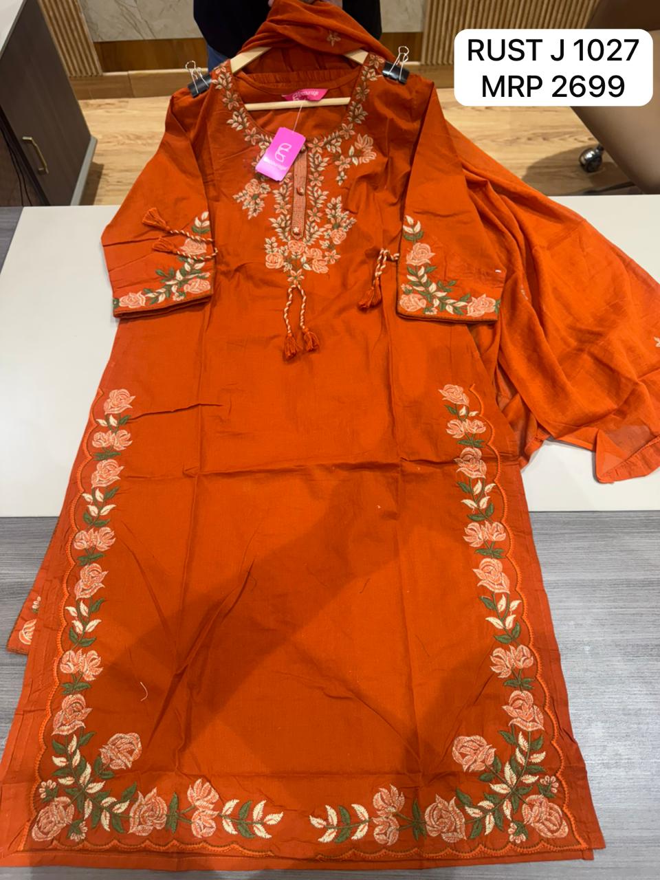 Rust Orange Embroidered Kurta Set with Dupatta for Women | Ethnic Wear