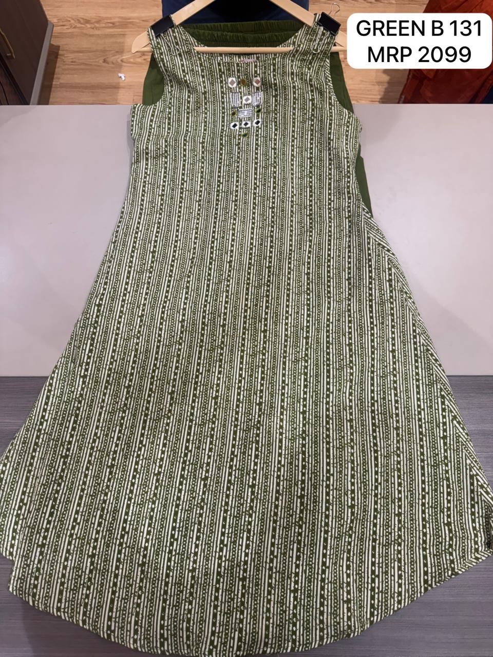 Olive Green Printed Sleeveless Flared Cotton Dress for Women