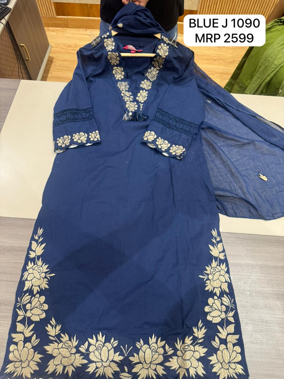 Navy Blue Embroidered Kurta Set with Dupatta for Women