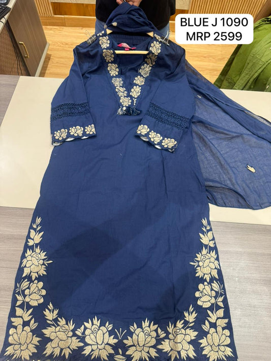 Navy Blue Embroidered Kurta Set with Dupatta for Women