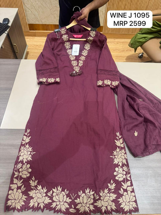 Wine Embroidered Kurta Set with Dupatta for Women