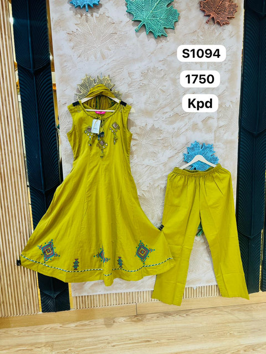 Women Mustard Embroidered Anarkali Kurta Pant Dupatta Set | Ethnic Flared Suit Set