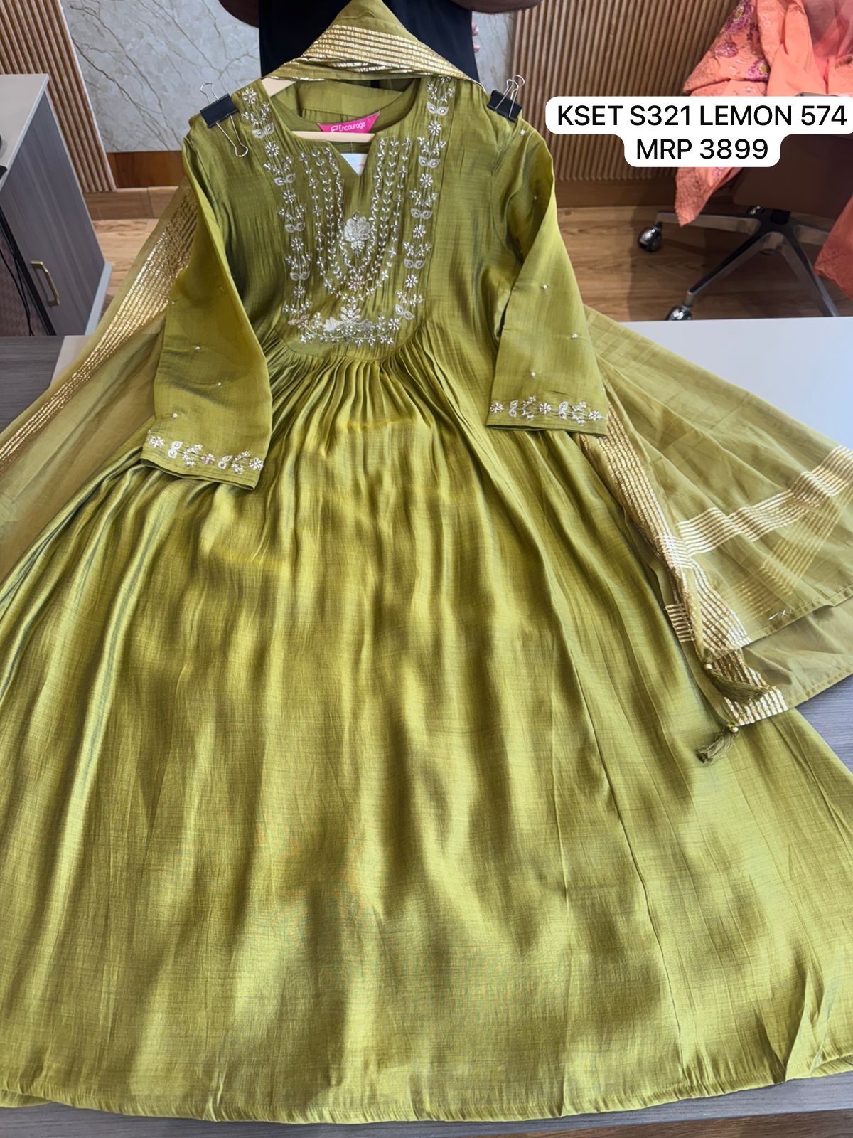 Women Lemon Green Embroidered Anarkali Gown Set with Dupatta | Festive Ethnic Wear