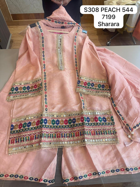 Women Peach Embroidered Sharara Suit Set with Dupatta | Festive Ethnic Wear