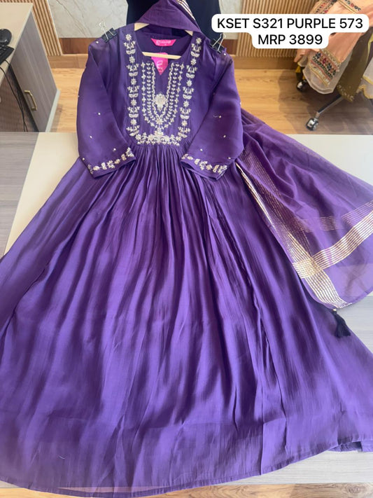 Women Purple Embroidered Anarkali Gown Set with Dupatta | Royal Festive Ethnic Wear