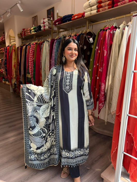 Elegant Black & Off-White Printed Kurta Set with Designer Dupatta for Women