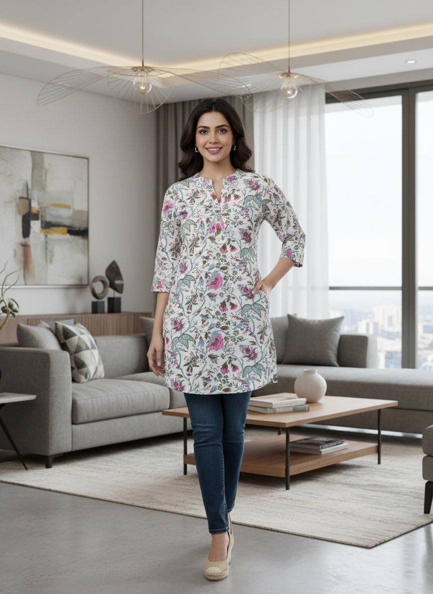 White base kurti with 3/4th sleeves & floral motifs