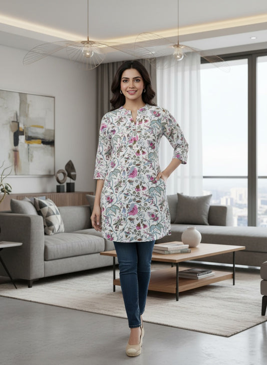 White base kurti with 3/4th sleeves & floral motifs
