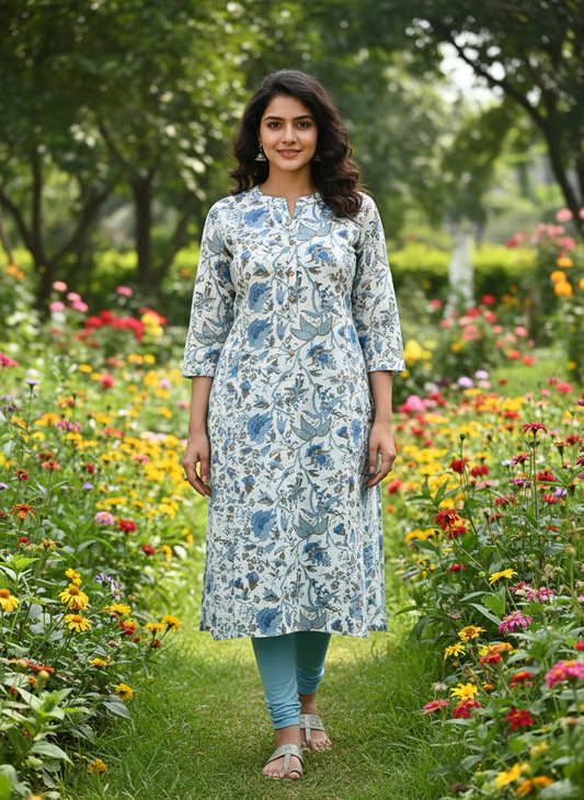 White cotton kurti with blue floral jaal print