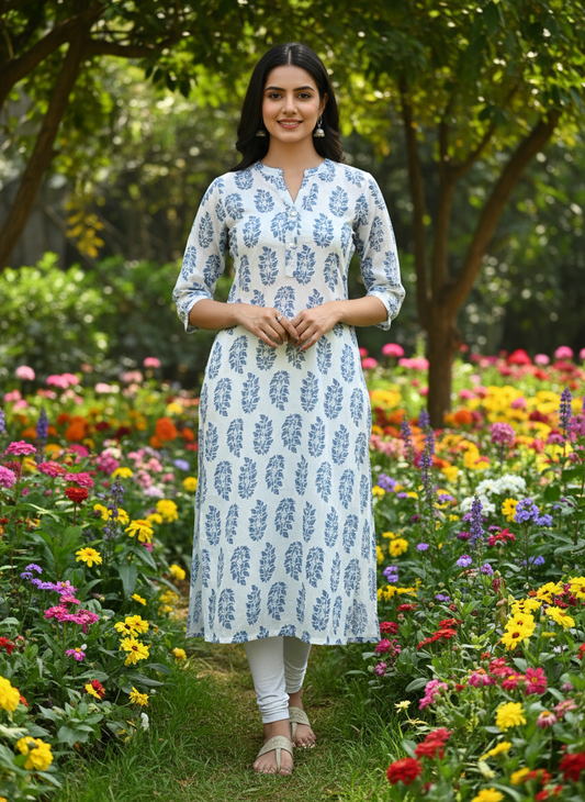 White cotton kurti with blue leaf handblock print