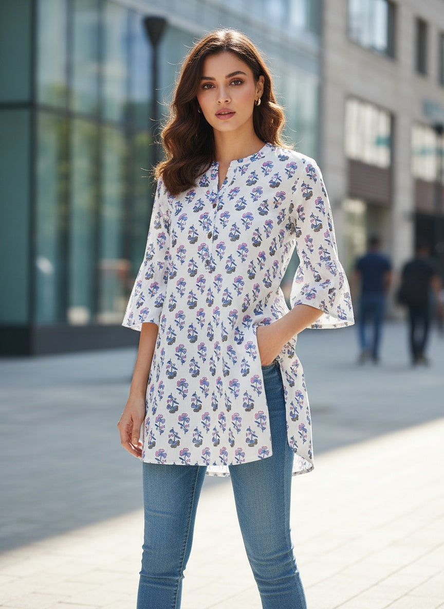 White short cotton kurti with pink & blue floral buti print