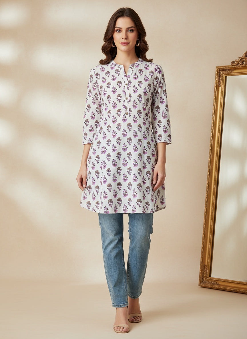 White short cotton kurti with purple and pink floral buti print