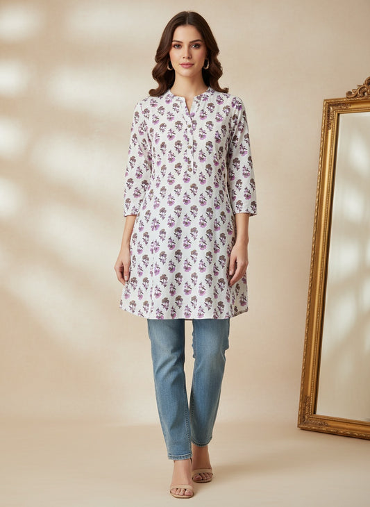 White short cotton kurti with purple and pink floral buti print