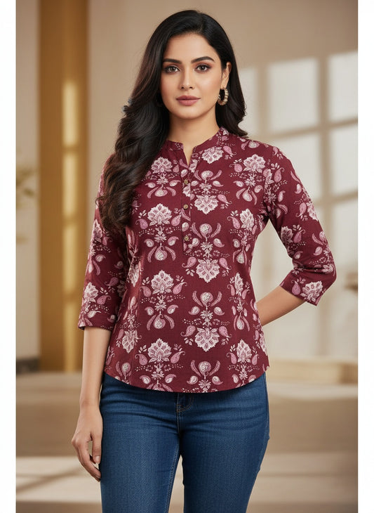 Women’s cotton kurti with 3/4th sleeves in maroon base