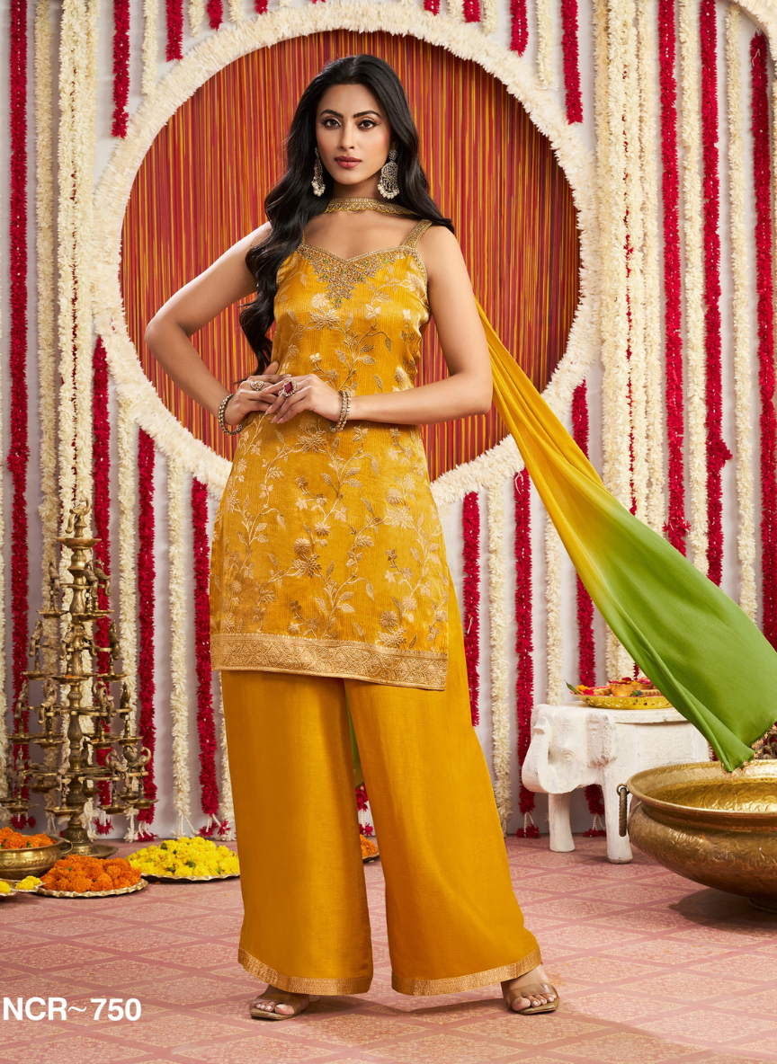 Mustard Yellow Sharara Silk Sleeveless Kurta Set with Ombre Dupatta – 3 Piece Festive Wear