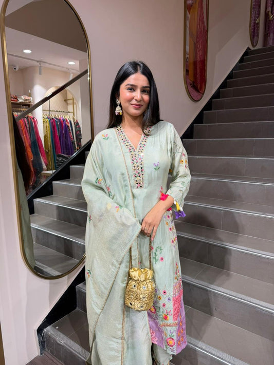 Pastel Green Floral Embroidered Kurta Set with Dupatta for Women