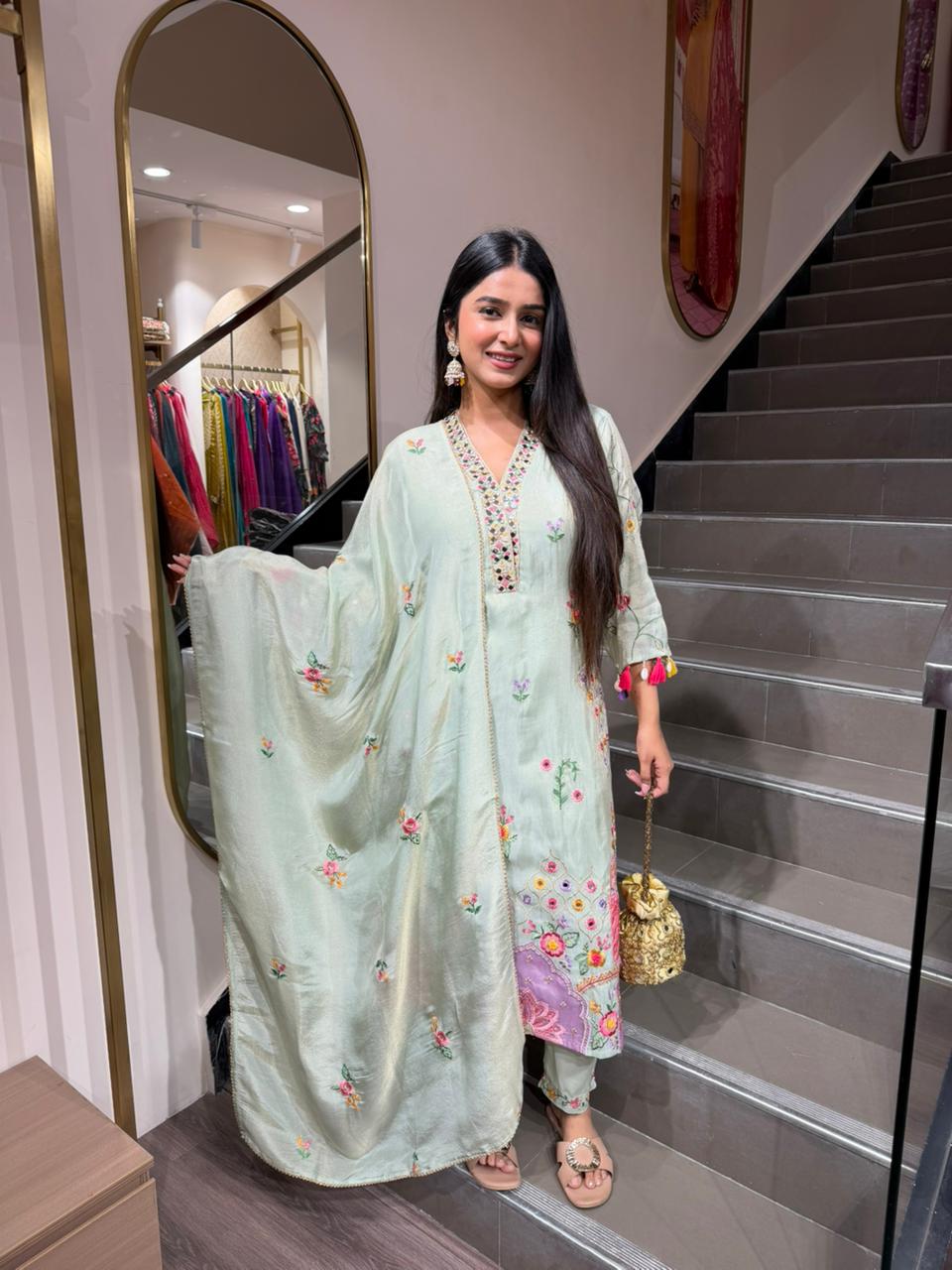 Pastel Green Floral Embroidered Kurta Set with Dupatta for Women