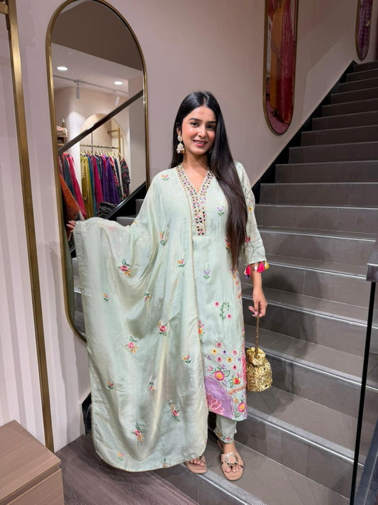 Pastel Green Floral Embroidered Kurta Set with Dupatta for Women