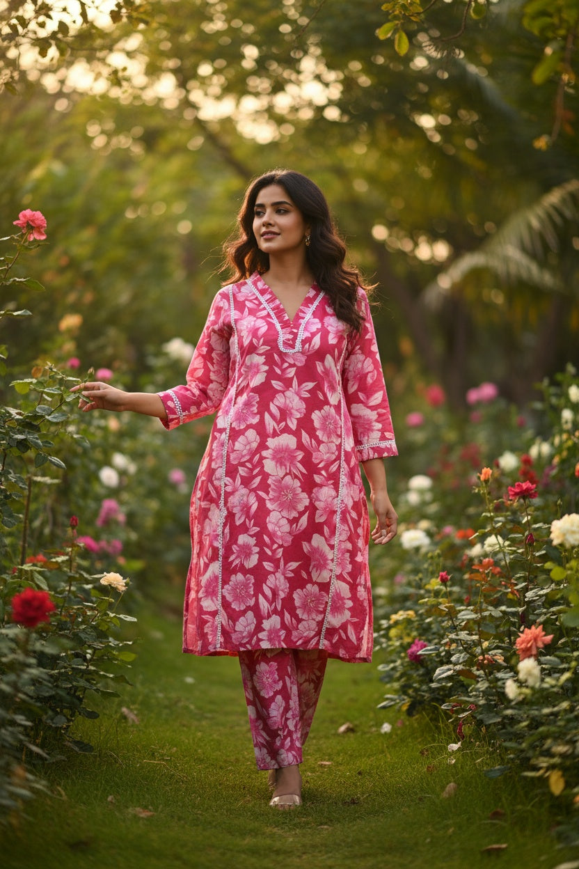 Women’s Pink Floral Cotton Co-ord Set – Kurti & Pant
