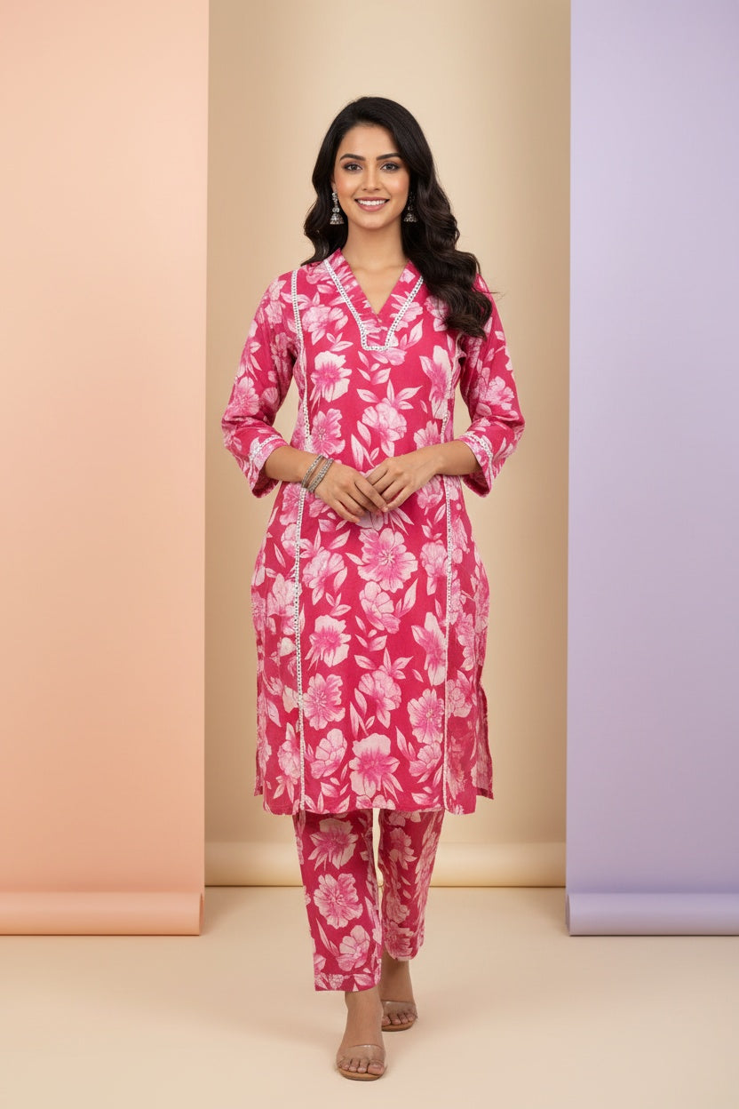 Women’s Pink Floral Cotton Co-ord Set – Kurti & Pant