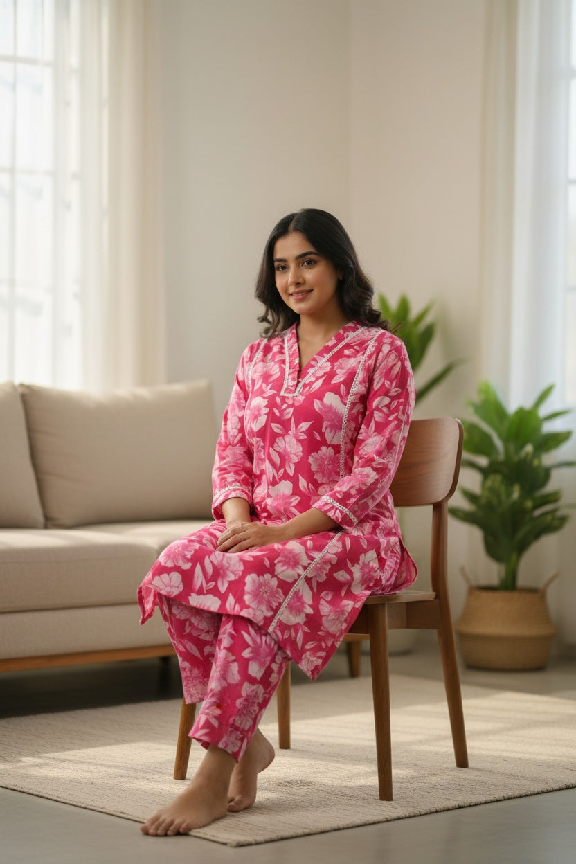 Women’s Pink Floral Cotton Co-ord Set – Kurti & Pant