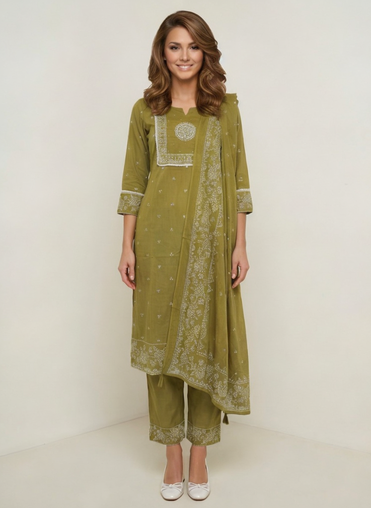 Women Green Printed Cotton Kurta Pant Dupatta Set