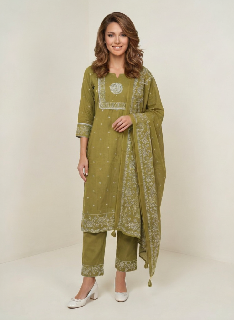 Women Green Printed Cotton Kurta Pant Dupatta Set