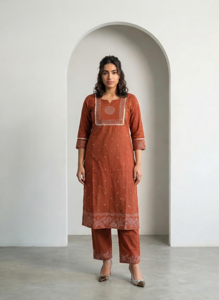 Women Rust Printed Cotton Kurta Pant Dupatta Set