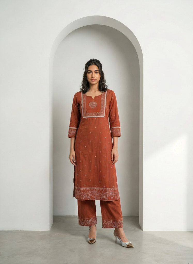 Women Rust Printed Cotton Kurta Pant Dupatta Set