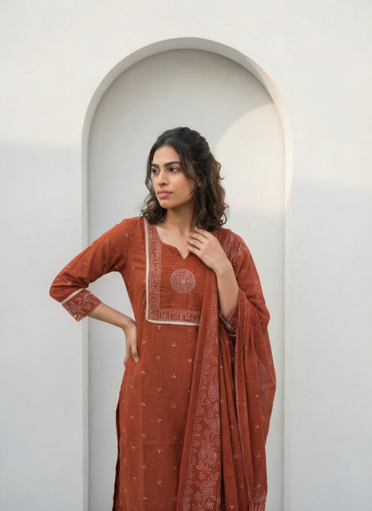 Women Rust Printed Cotton Kurta Pant Dupatta Set