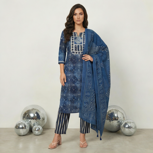 Women Indigo Blue Printed Cotton Kurta Pant Dupatta Set
