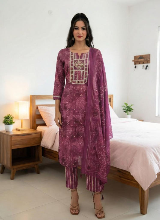 Women Purple Printed Cotton Kurta Pant Dupatta Set