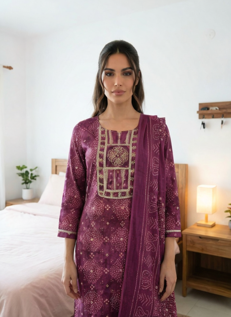 Women Purple Printed Cotton Kurta Pant Dupatta Set