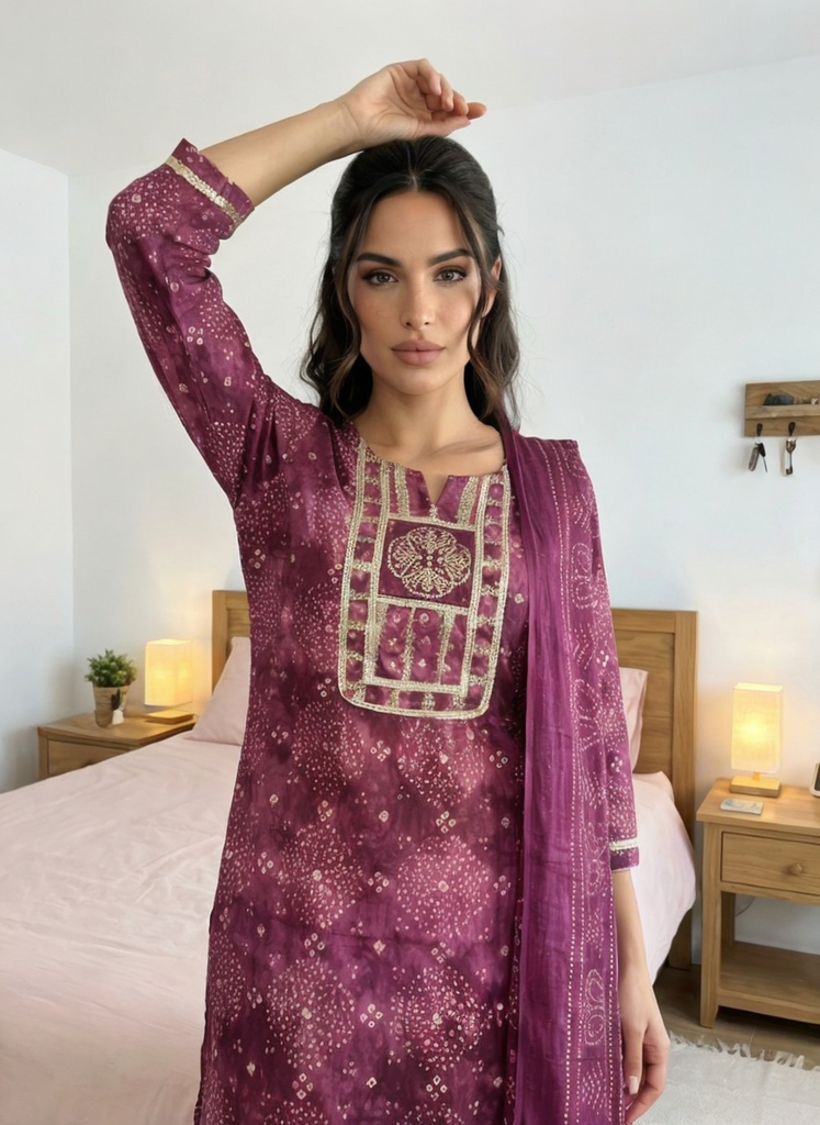Women Purple Printed Cotton Kurta Pant Dupatta Set