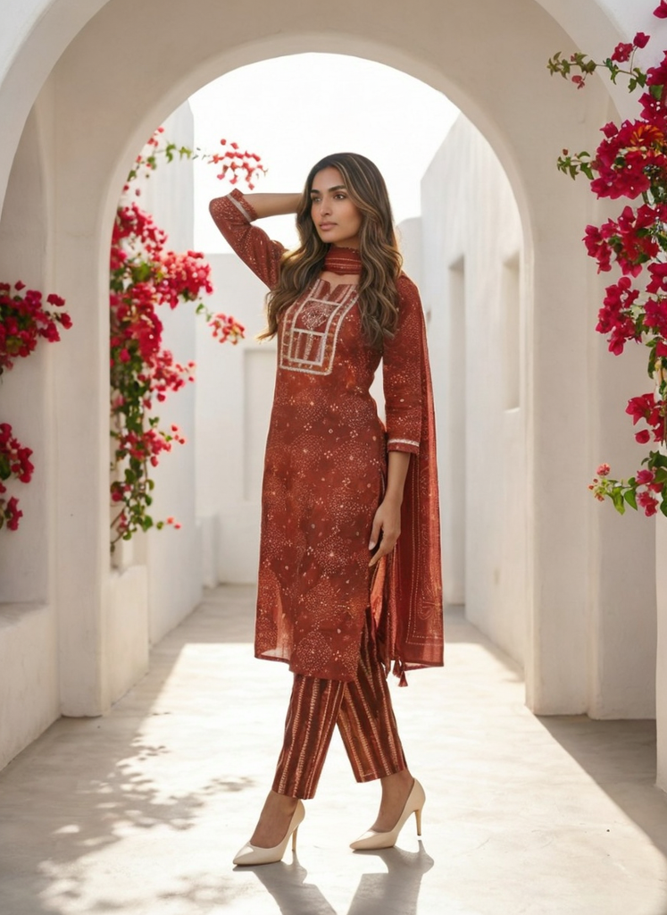 Women Onion Printed Cotton Kurta Pant Dupatta Set