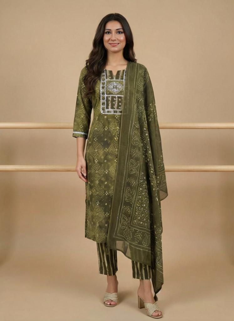 Women Green Printed Cotton Kurta Pant Dupatta Set