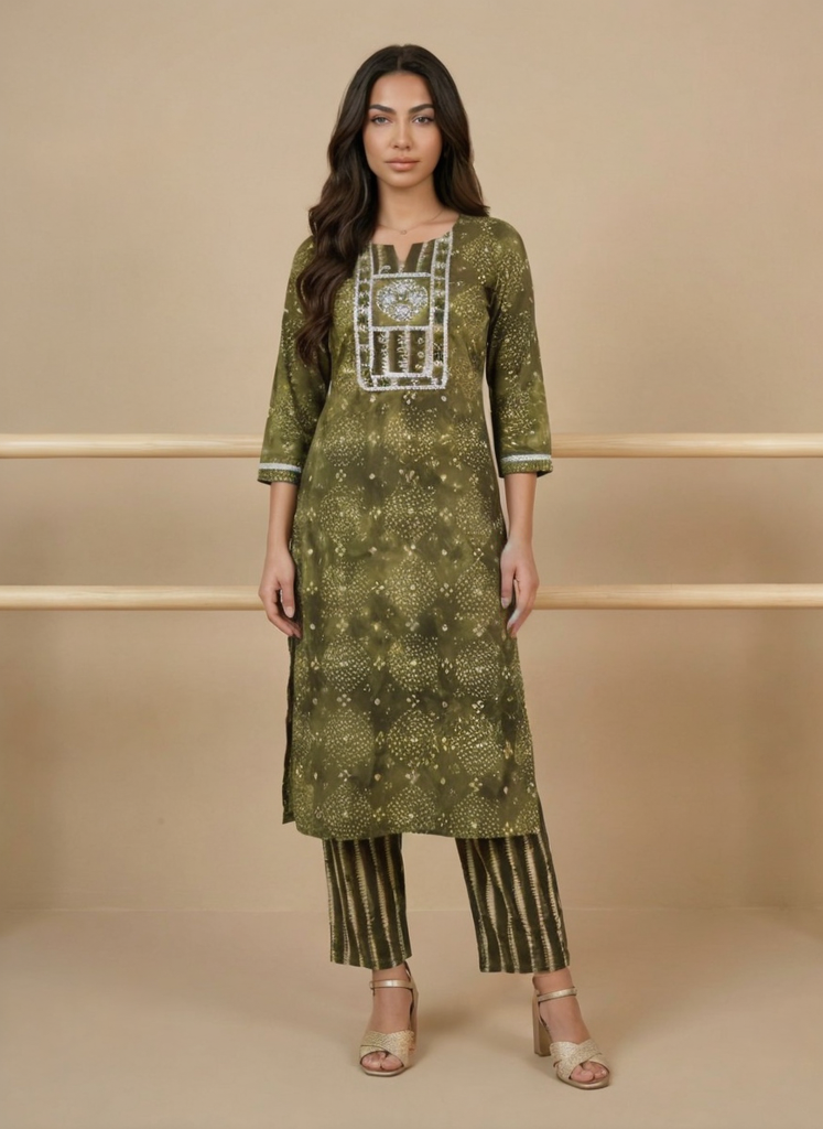 Women Green Printed Cotton Kurta Pant Dupatta Set