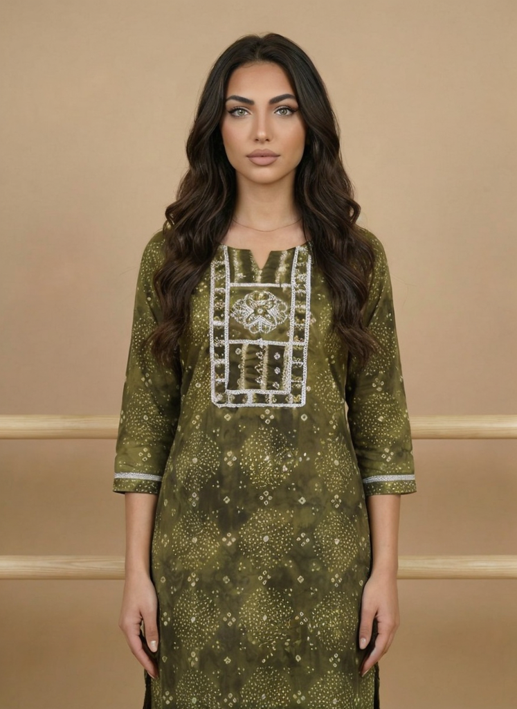 Women Green Printed Cotton Kurta Pant Dupatta Set