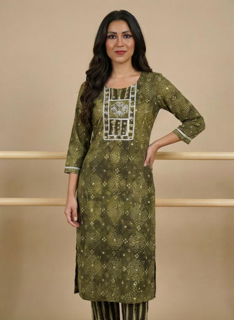 Women Green Printed Cotton Kurta Pant Dupatta Set