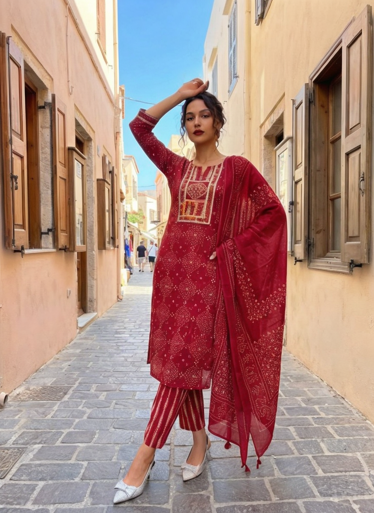 Women Pink Printed Cotton Kurta Pant Dupatta Set