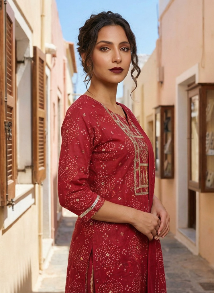 Women Pink Printed Cotton Kurta Pant Dupatta Set