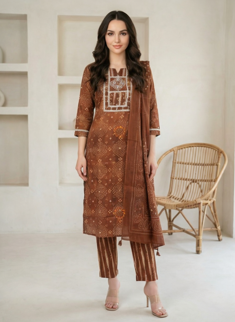 Women Brown Printed Cotton Kurta Pant Dupatta Set | Ethnic Bandhani Design Straight Kurti Set